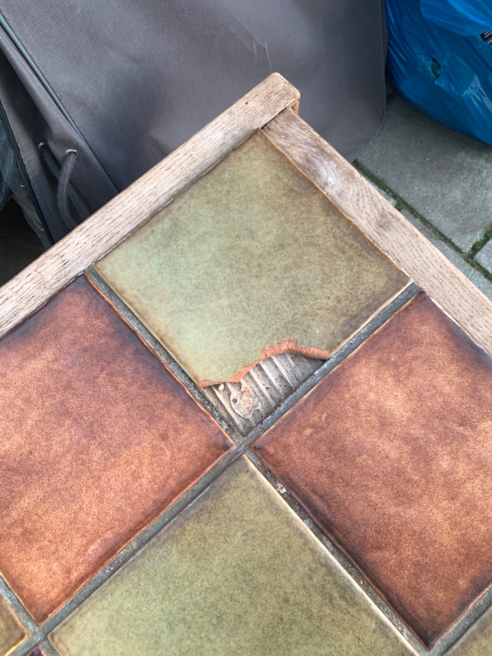 Wooden sofa table with ceramic tiles on top photo 3