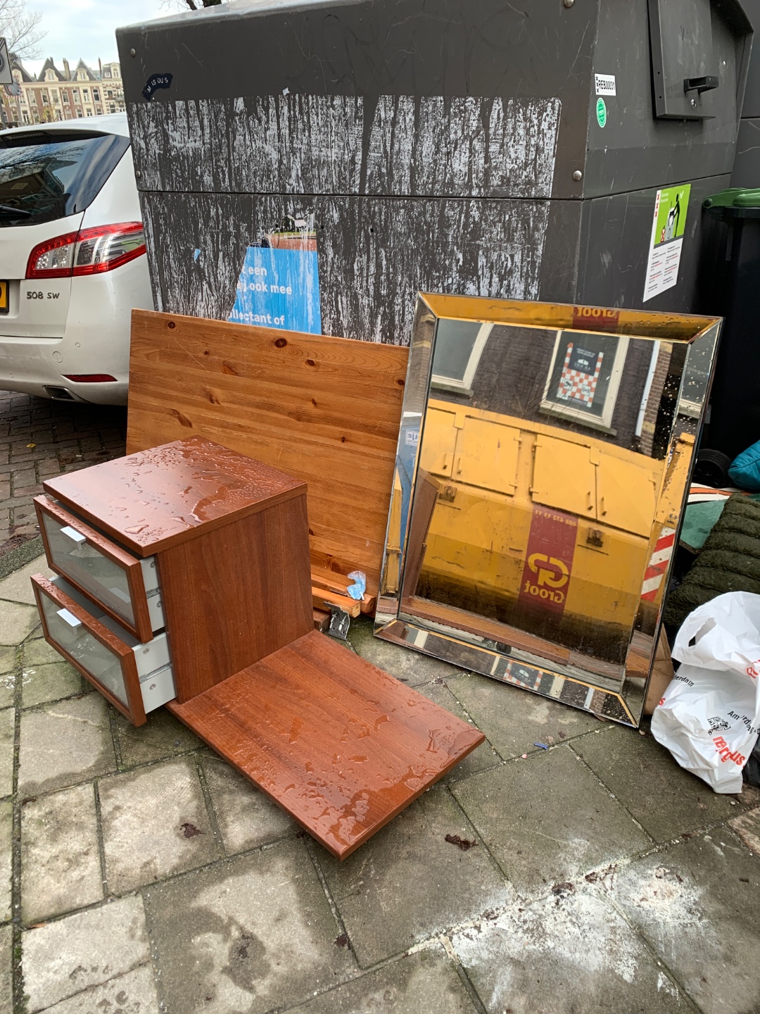 Mirror and table and shelf