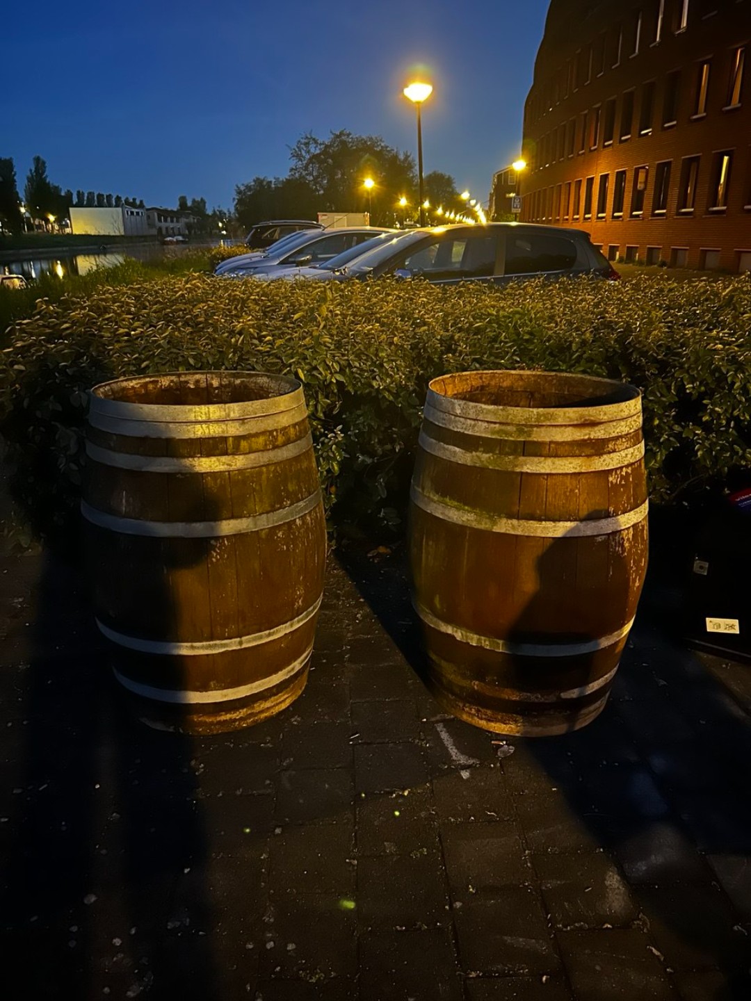 2 stoelen, 2 houten tonnen als plantenbak gebruikt en een lage (tv?)kast photo 3