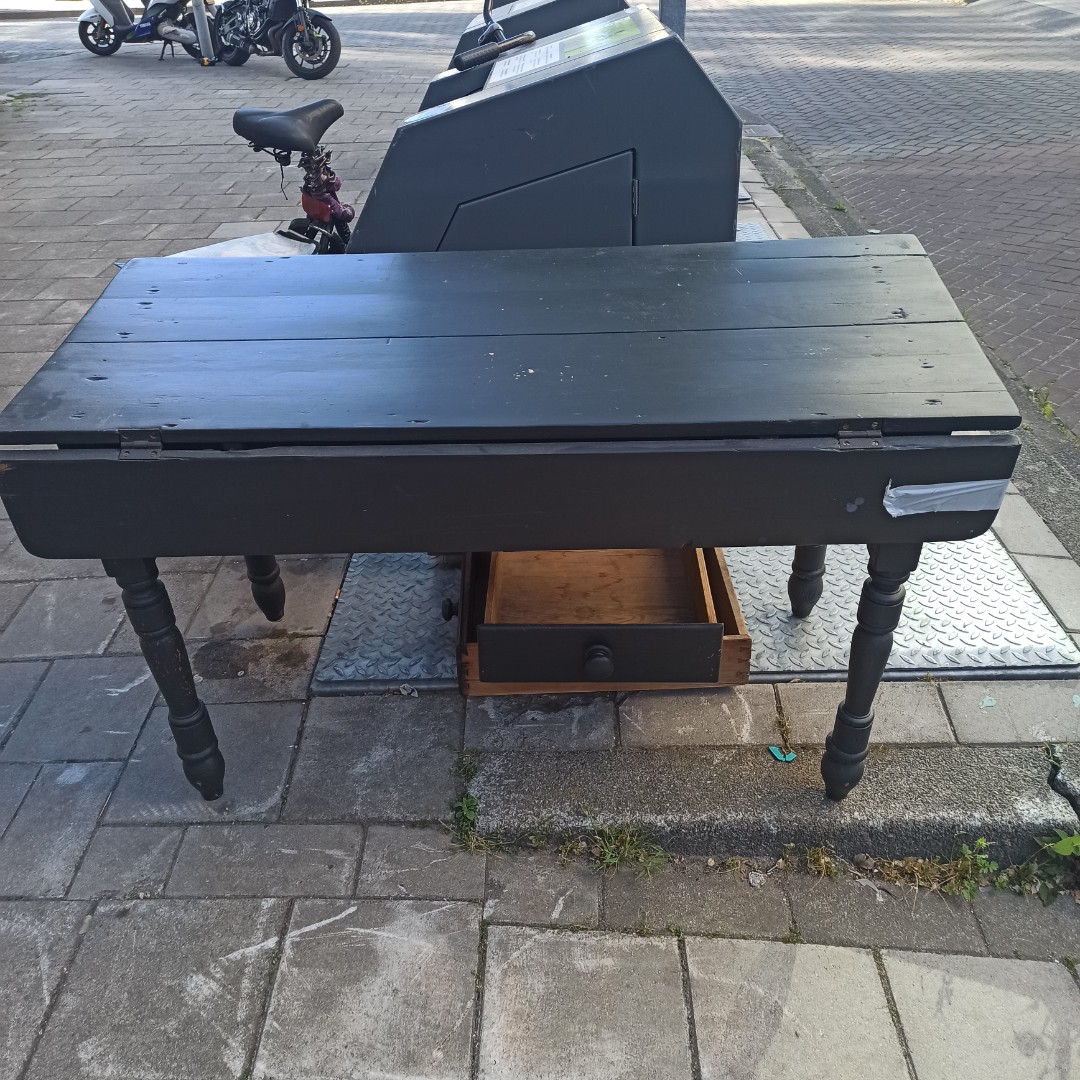 Sturdy solid wood desk, two drawers, side flaps, decent condition photo 2