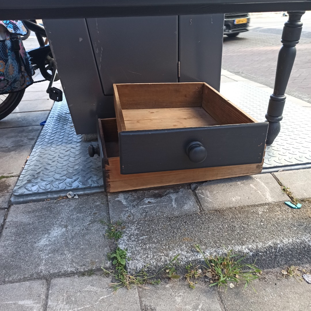 Sturdy solid wood desk, two drawers, side flaps, decent condition photo 3