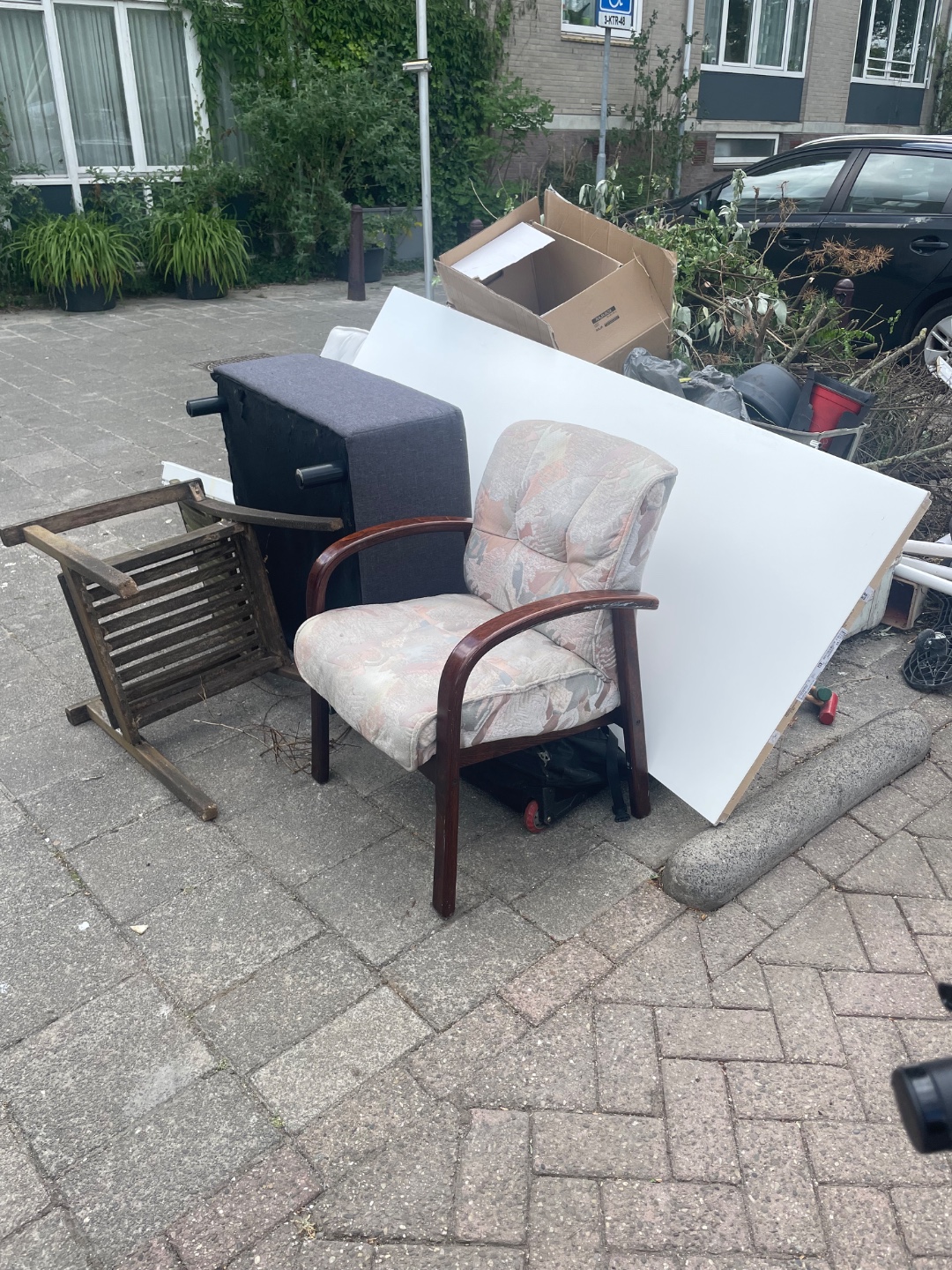 Indoor chair, outdoor chair, door and a nice wooden box that needs some love photo 2