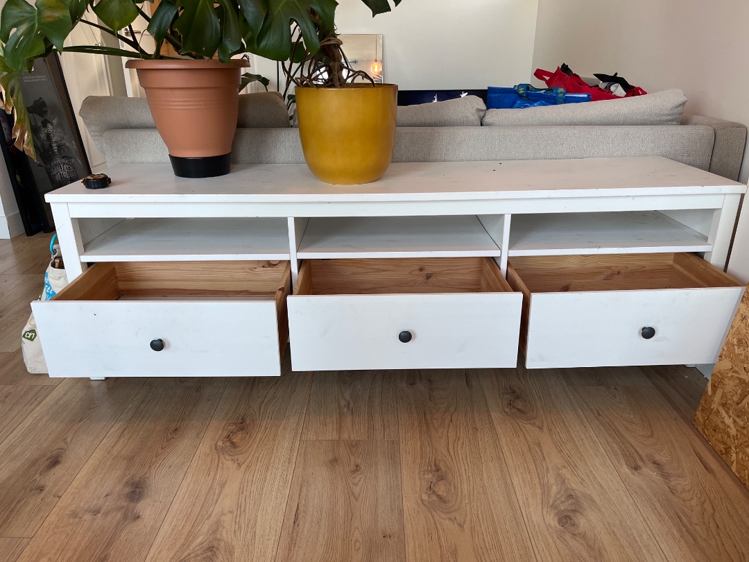 Wooden sideboard with three draws, pick up anytime on Monday after 11. 

Dimensions 
181 long x 48 deep x 56 tall 

Pick up only. photo 2