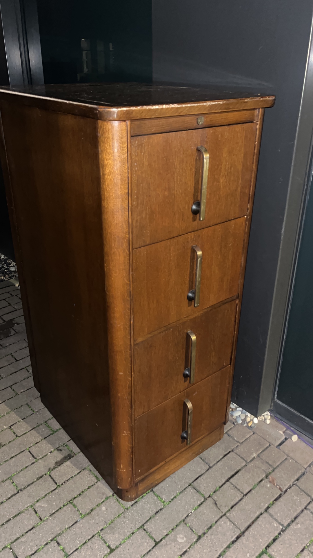 Beautiful 50s vintage cabinet. I saw it on the street, still good state. Googled it and found measurements: 73 cm deep and 143 hight.