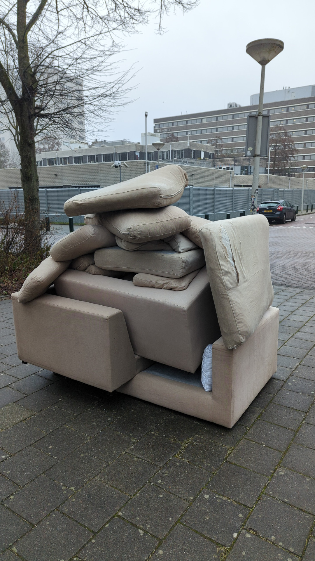 Large L couch, needs reupholstering but is super comfy (my friend is moving out) photo 1