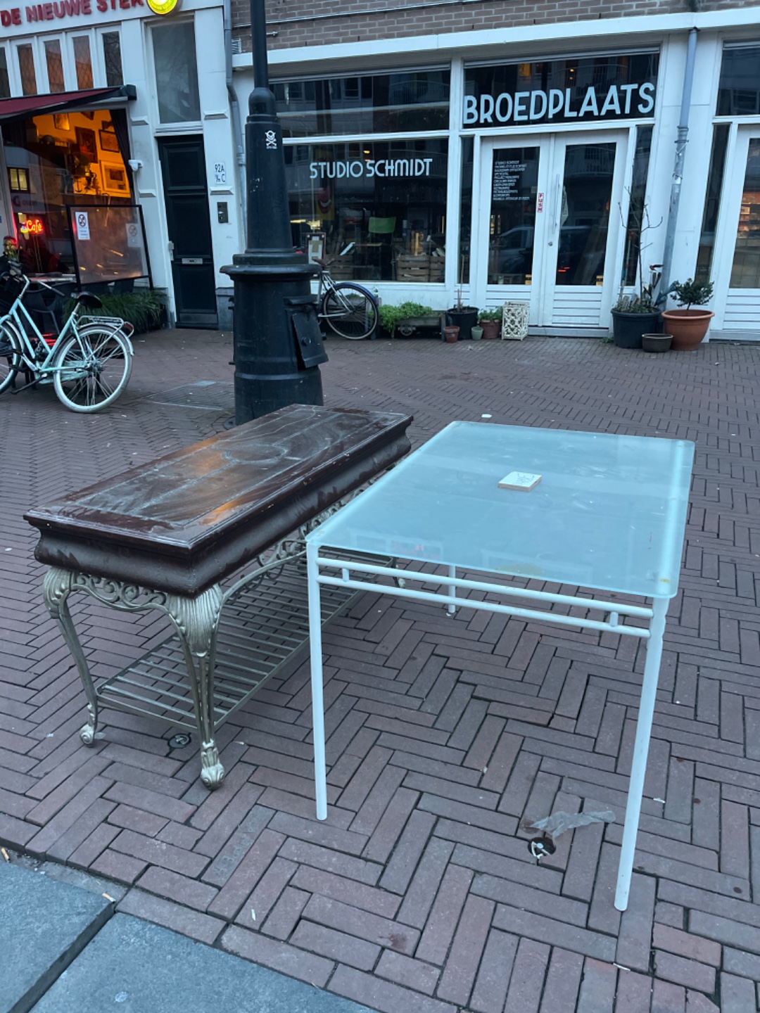 2 side tables one metal and glass, the other one metal and leather photo 2