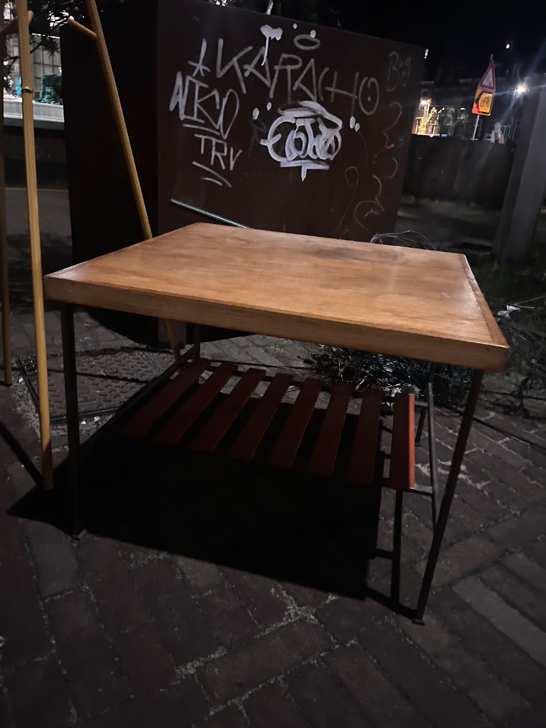 Yellow portmanteau and metal coffee table with oak-veneered top that needs a bit of love photo 2