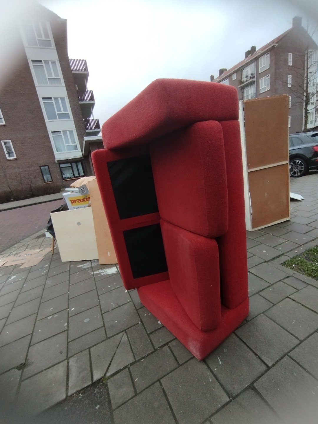 2 couches and chairs, small wooden cabinet, hangers for the terrace. The bedframe is sadly broken.