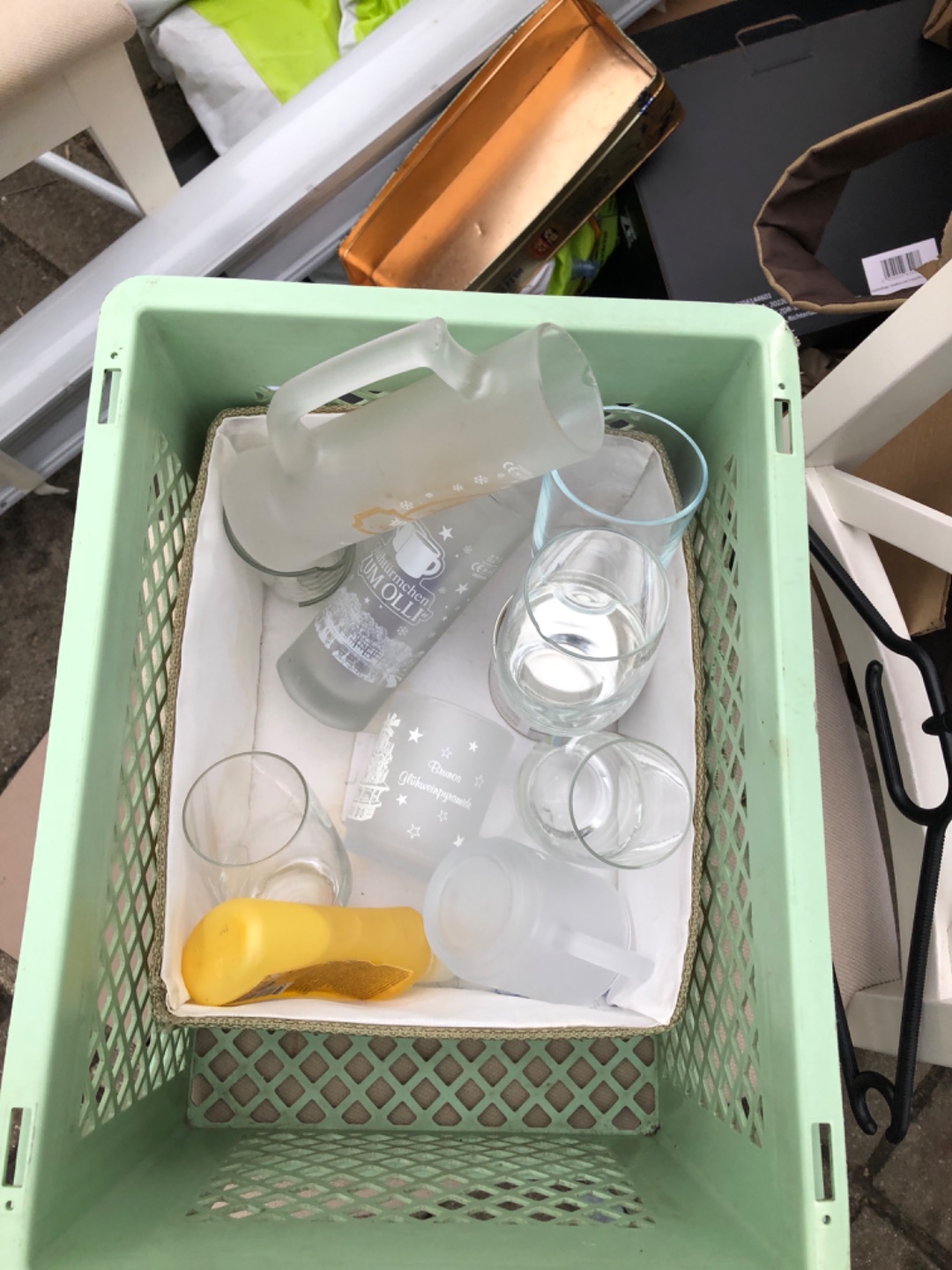 Glasses two chairs a plate, a black seat under the matras and a reed blind photo 1