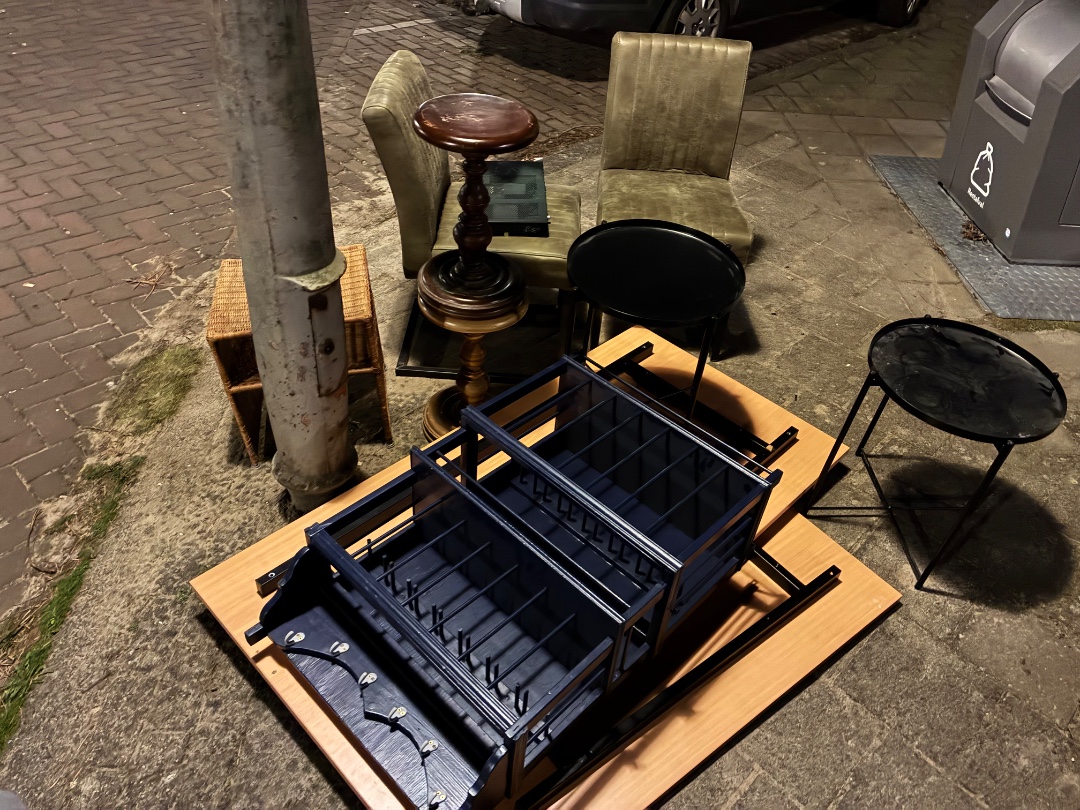 Handmade artisinal plate rack, side tables, desktop and chairs