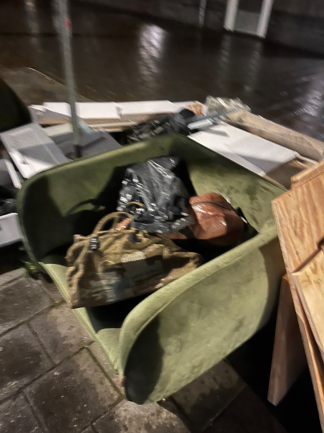 Nice green chair, Ikea closet, mattress, some ice skates and roller blades :)