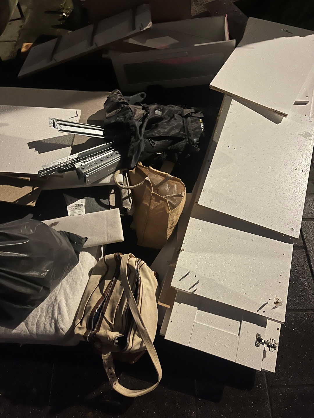 Nice green chair, Ikea closet, mattress, some ice skates and roller blades :)