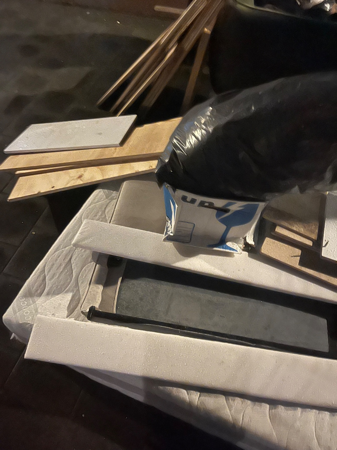 Nice green chair, Ikea closet, mattress, some ice skates and roller blades :)