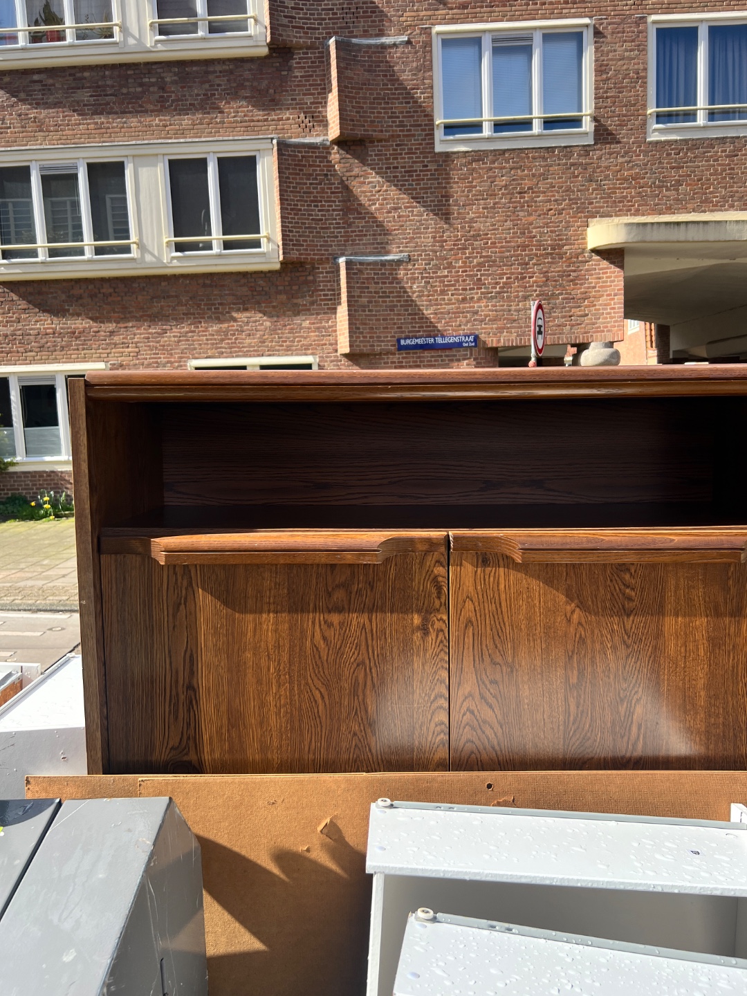 Beautiful mid century cabinets with glass opaque doors  there are 2, please run don’t walk they are getting wet
