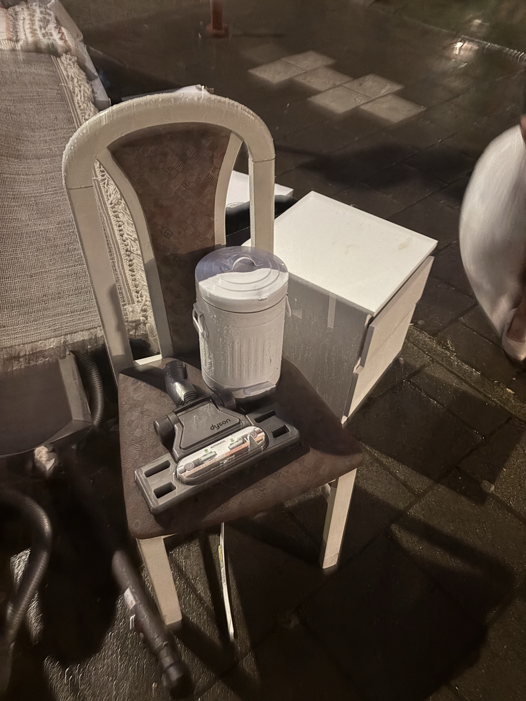 a nightstand, a chair, a mini trash can 1