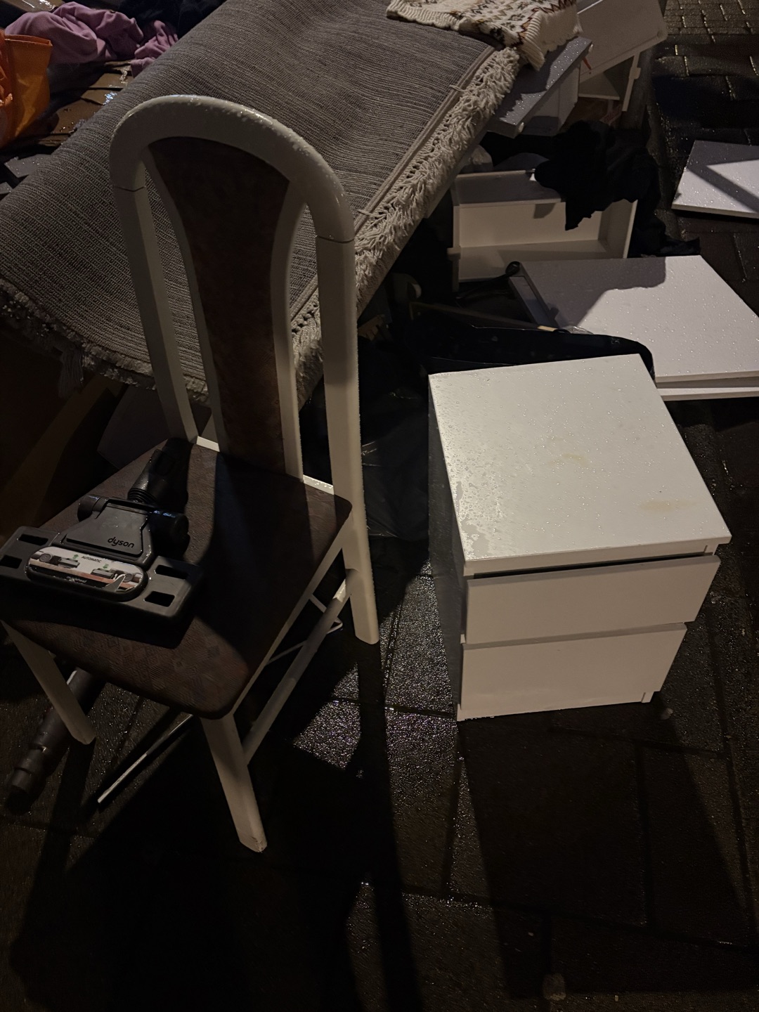 a nightstand, a chair, a mini trash can 2