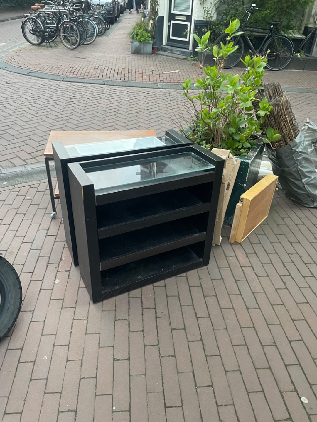 Beautiful minimalistic coffee table/tv furniture. If you basically sand it and put a layer of wood protection on it you can use it perfectly 3