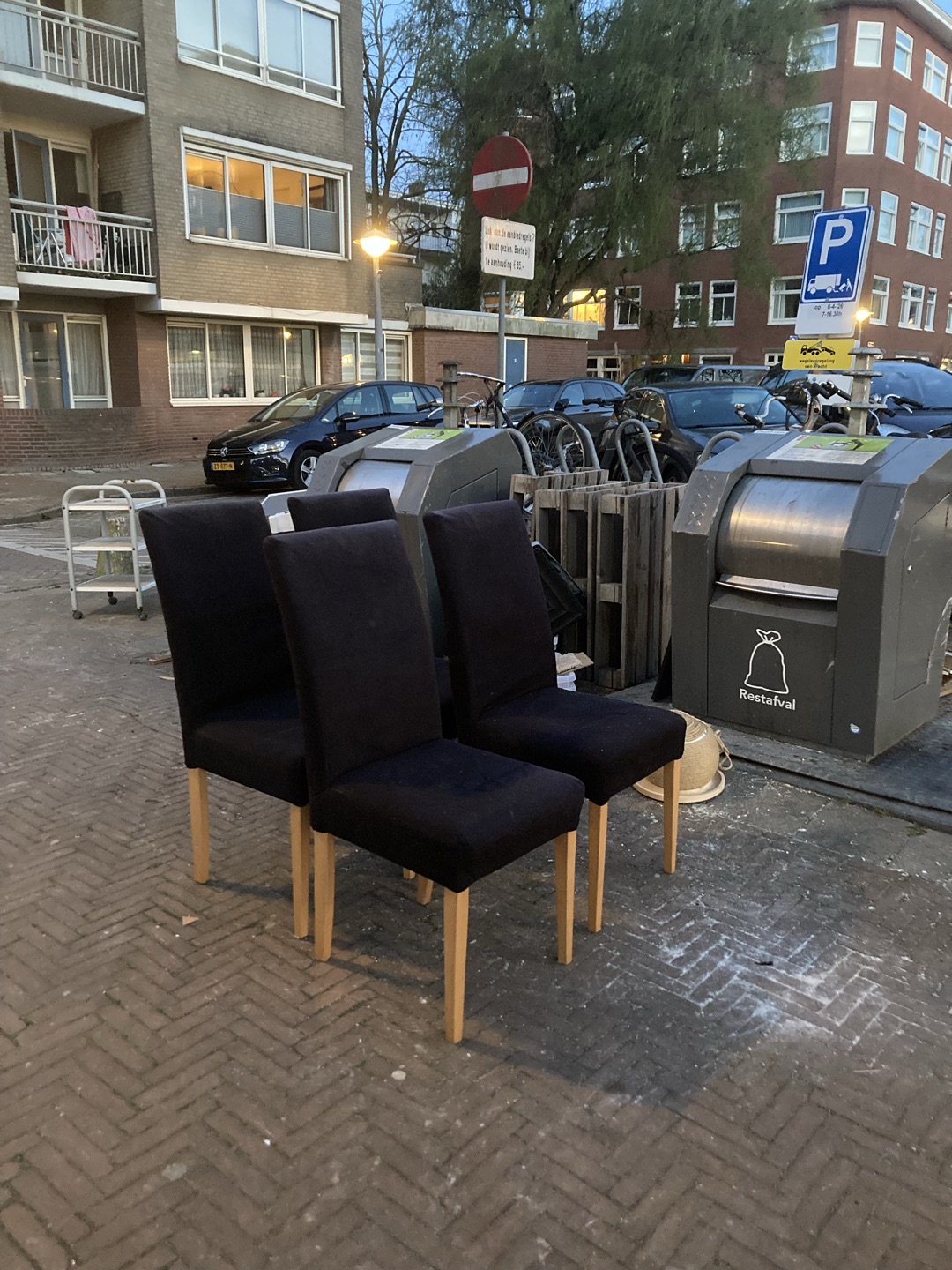 4 chairs (two a bit shaky), plastic boxes, pallets, cat toy (easy to repair), cabinet/shelves 1