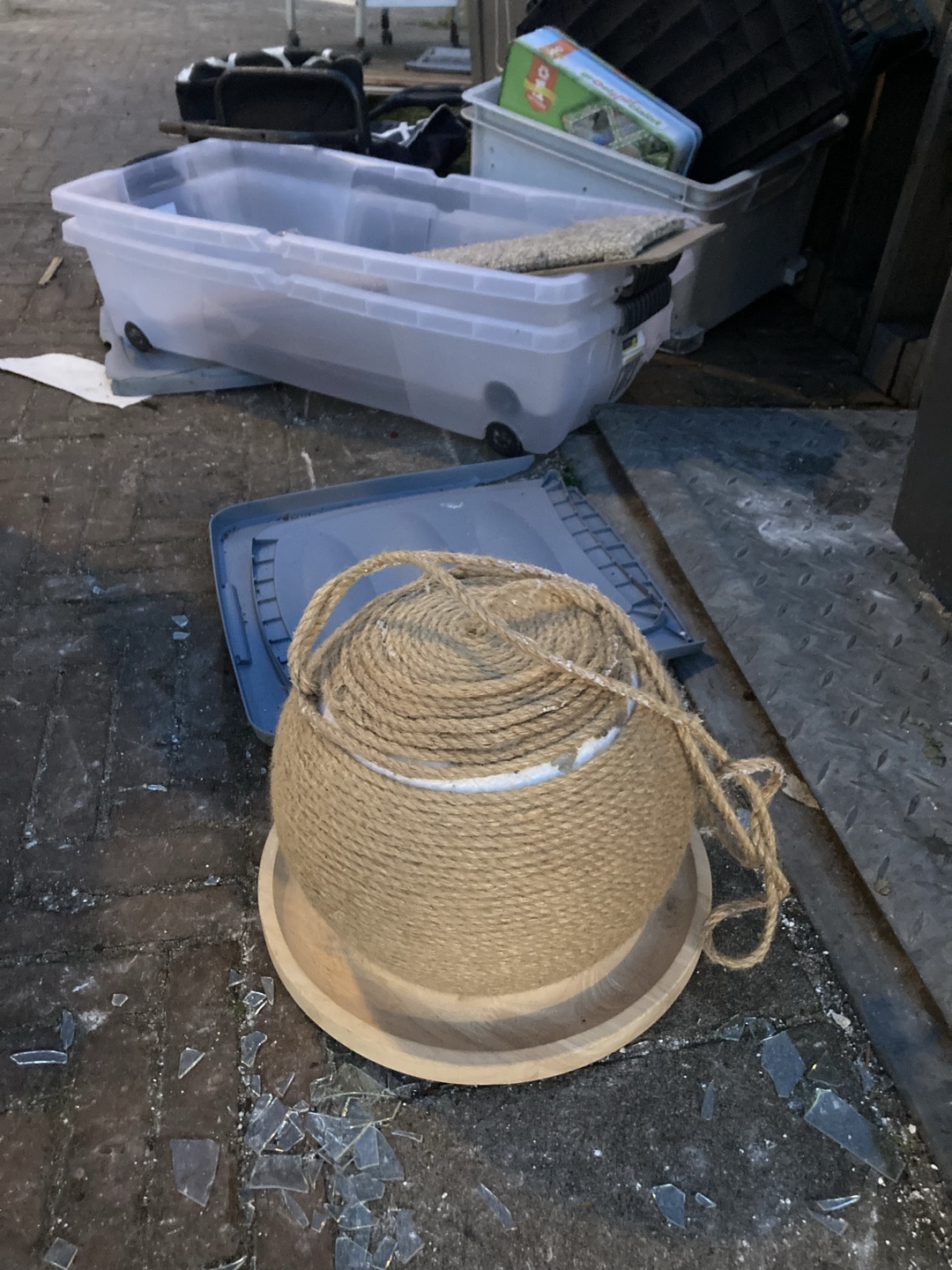 4 chairs (two a bit shaky), plastic boxes, pallets, cat toy (easy to repair), cabinet/shelves 2
