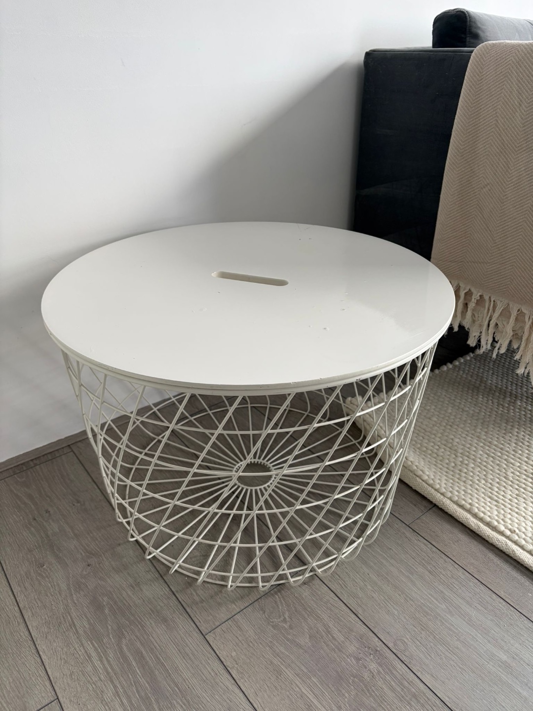 Table has some scratches on top that can be painted over with lacquer. Lamp shade is the Ikea Brunsta 30cm. 2