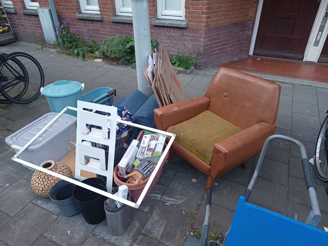 Chair, moving boxes, cat supplies, miscellany 1