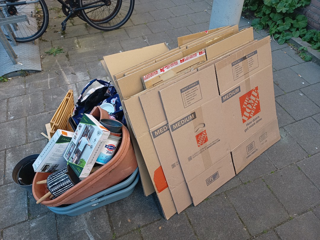 Chair, moving boxes, cat supplies, miscellany 2