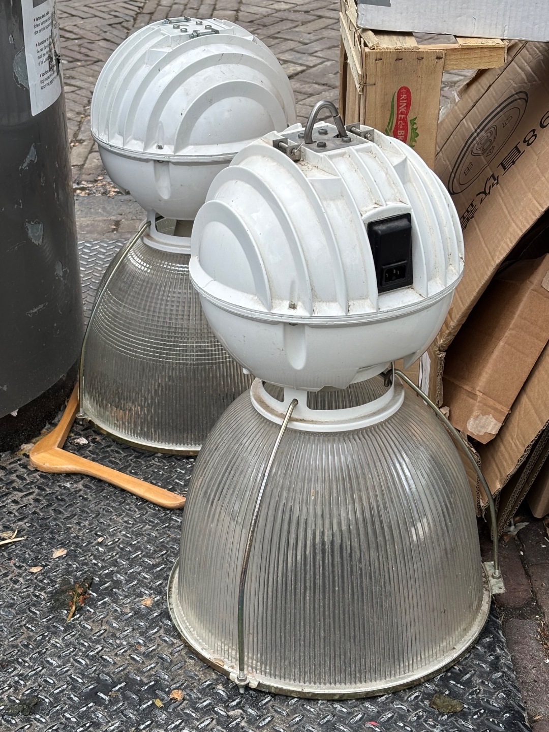 2x massively heavy industrial hanging lamps. Brand - holophane. Real glass enclosures etc 1