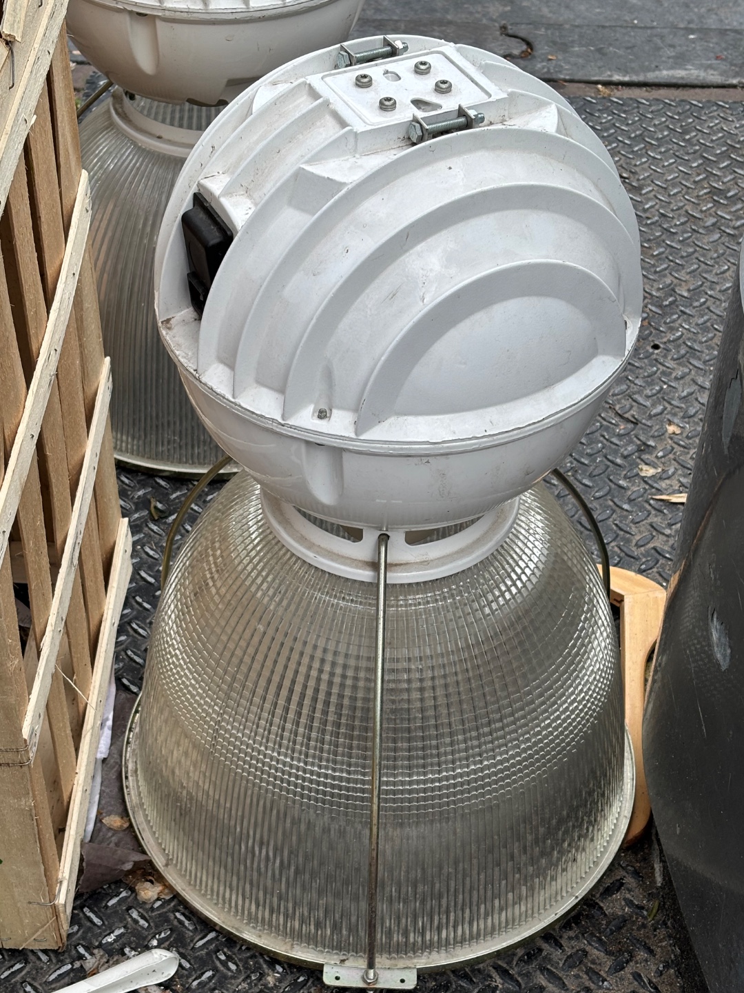 2x massively heavy industrial hanging lamps. Brand - holophane. Real glass enclosures etc 2
