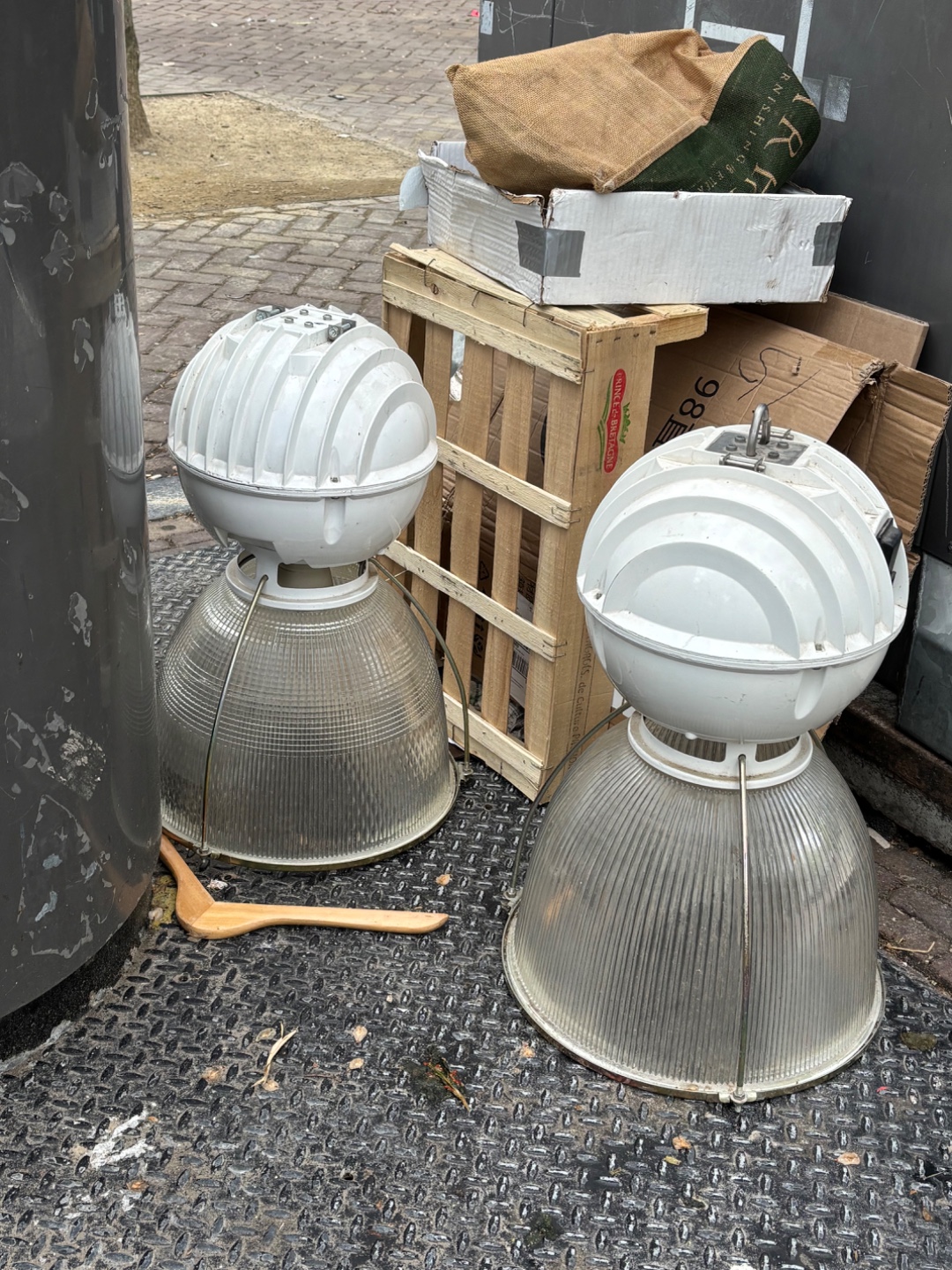 2x massively heavy industrial hanging lamps. Brand - holophane. Real glass enclosures etc 3