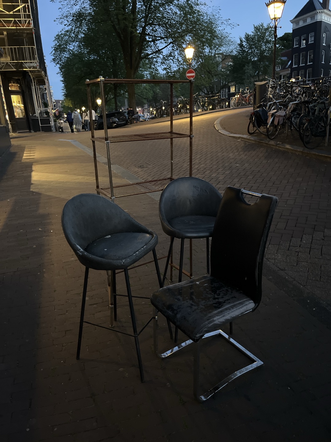 2 bar stools, chair, rusty rack 1