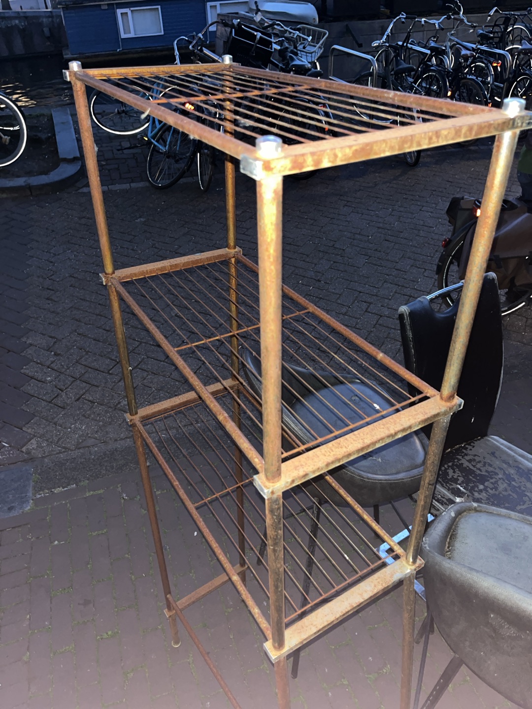 2 bar stools, chair, rusty rack 3