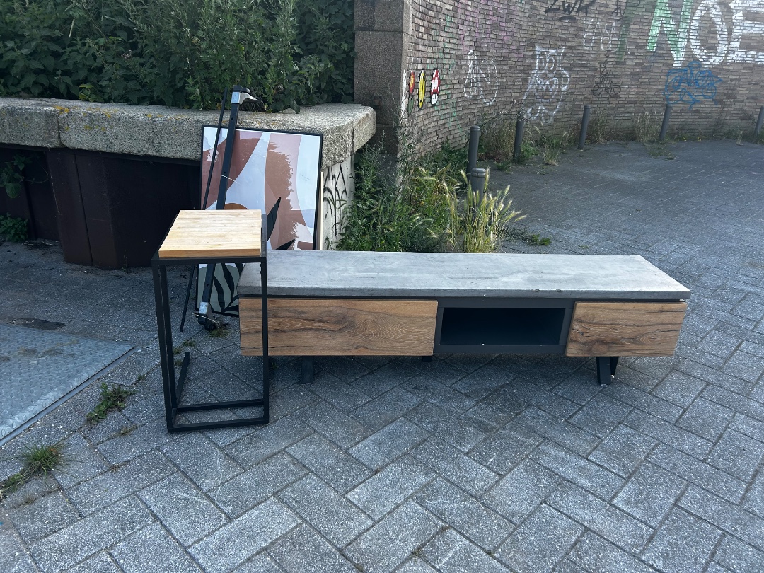 Tv cabinet, small table and large black poster frame 1