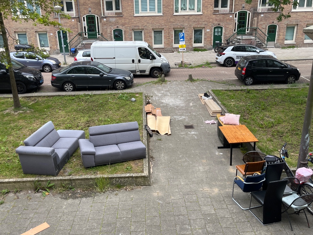 1 L couch with adjustable head and arm rests, 4 dining chairs, 1 table, 1 granite topped media console, 2 outdoor chairs, 1 outdoor table, 1 dart board 1