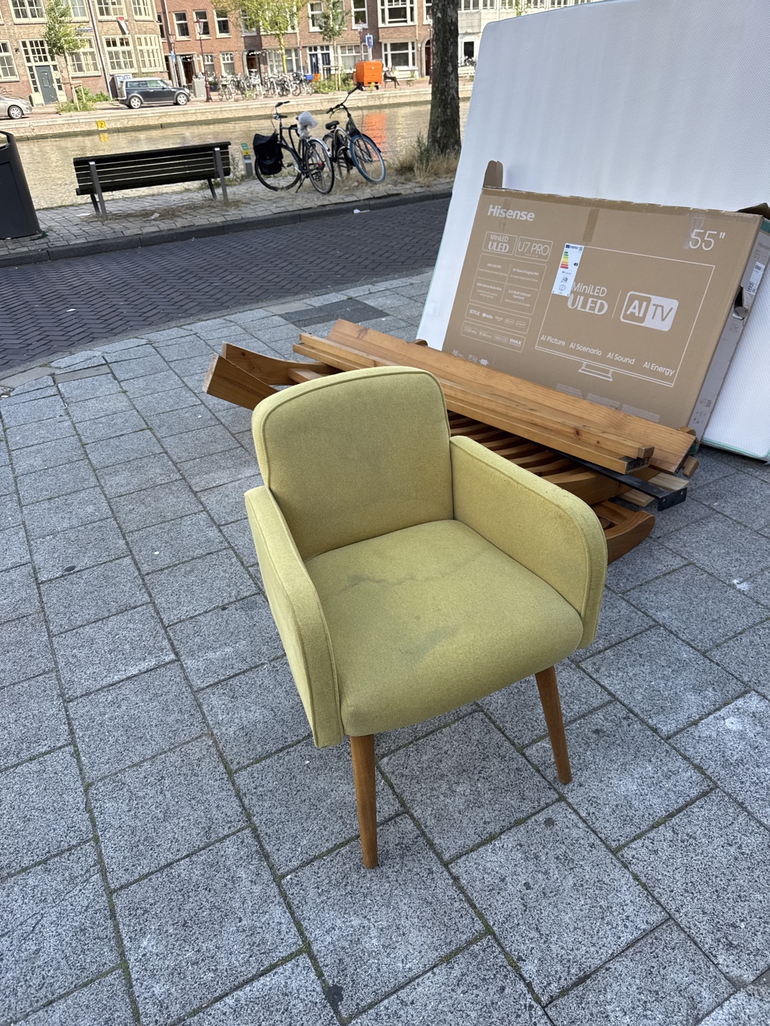 Chair needs cleaning but in good condition. The 2 person bed looks clean and in good condition - memory foam 1