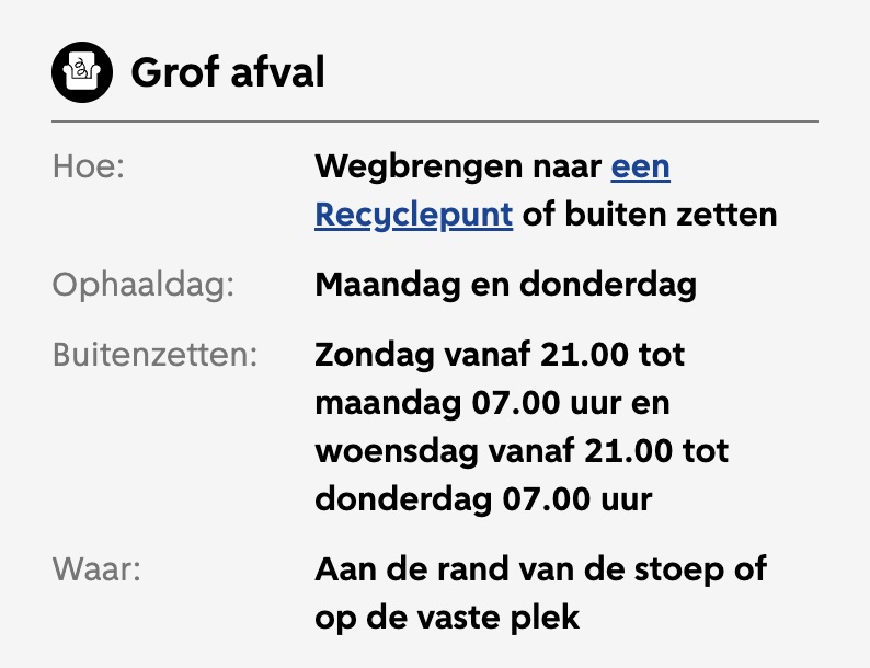 Amsterdam.nl bulky waste collection schedule showing two days a week